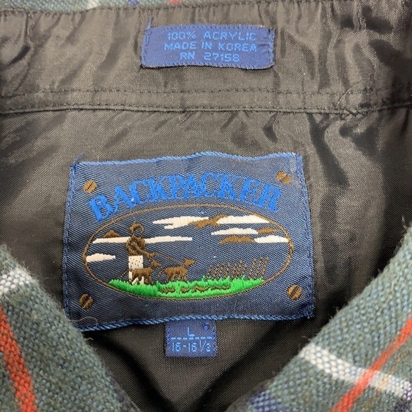 Men’s backpacker green/blue red white plaid button down flannel shirt size L - Picture 4 of 4